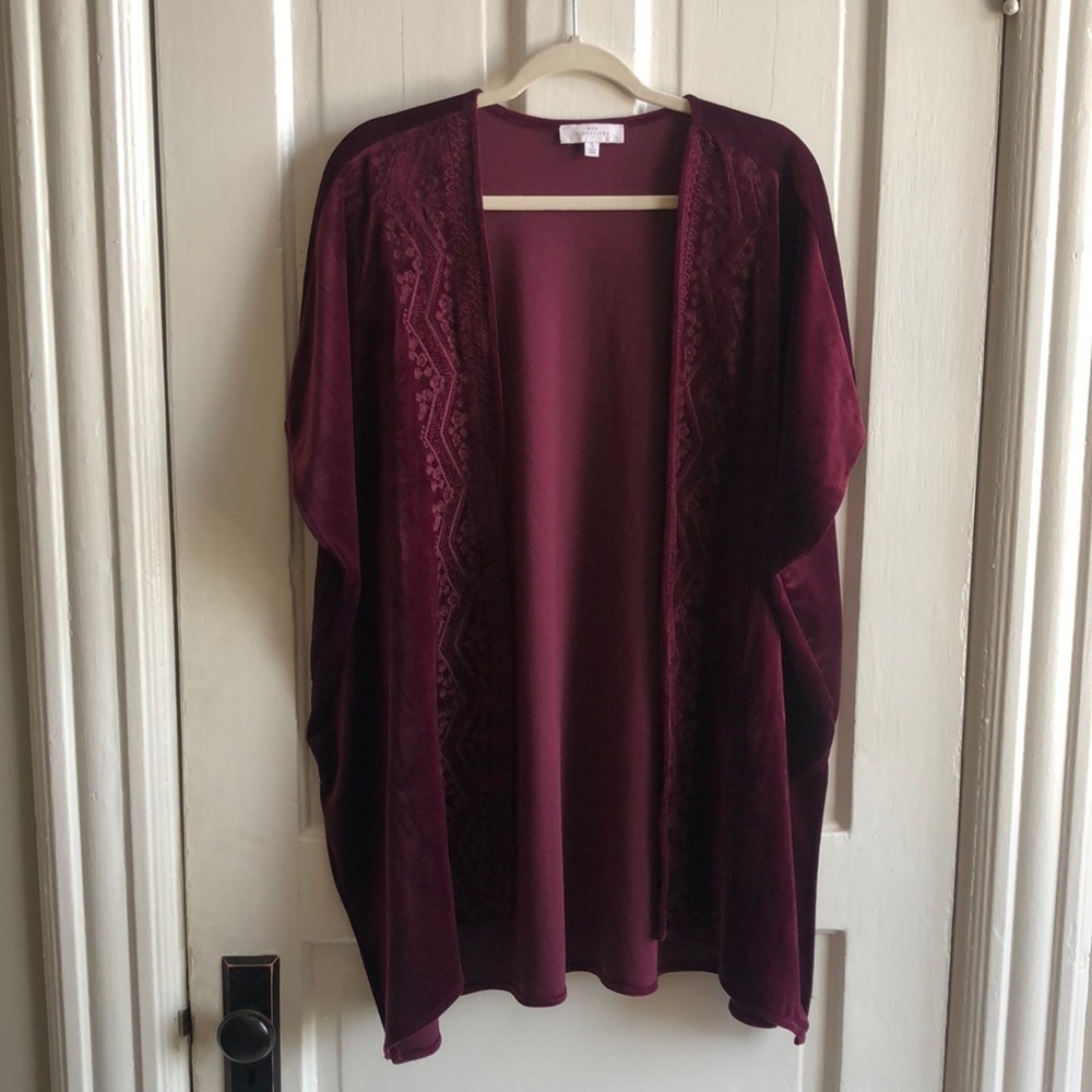 New Directions Velvet Embroidered Open Front Short Sleeve Duster Jacket Small